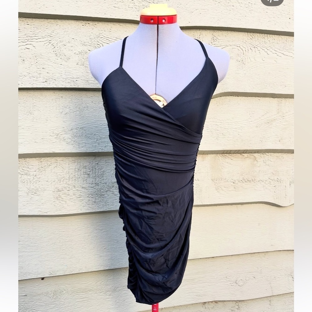 Tiger Mist Black Ruched Wrap Bodycon Mini Dress XS